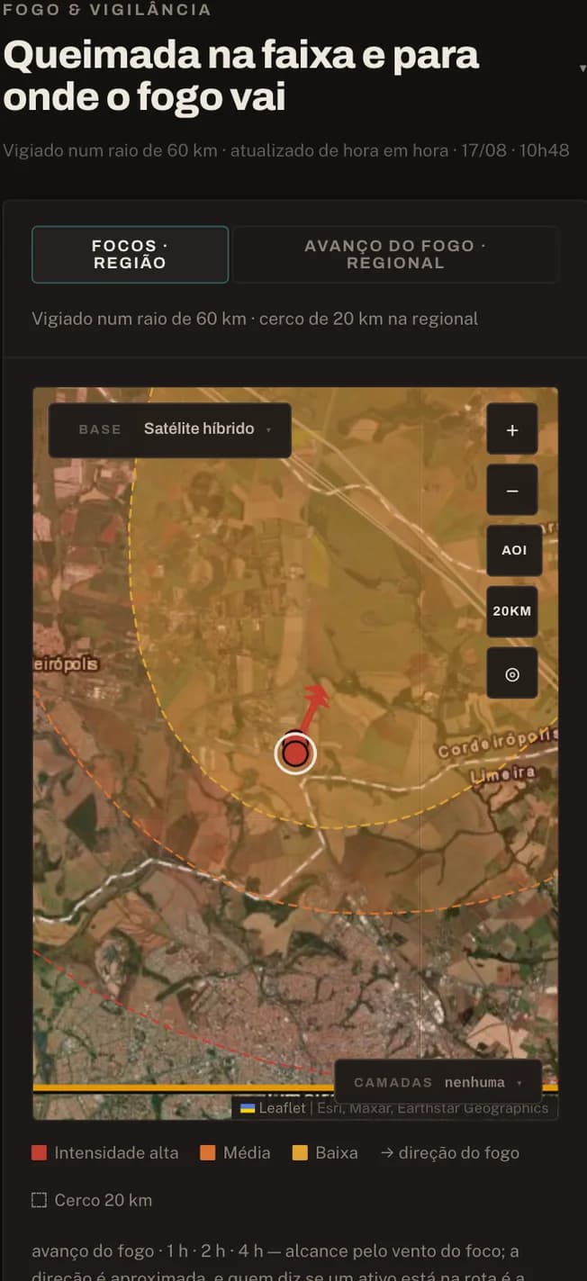 Risk360 no celular: o bloco "Queimada na faixa e para onde o fogo vai", com o avanço projetado do fogo sobre o mapa
